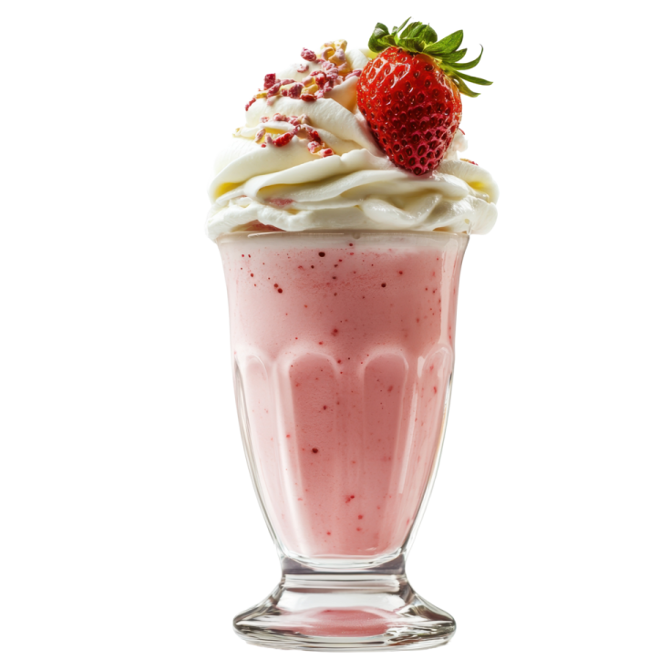 a glass filled with whipped cream and topped with strawberries