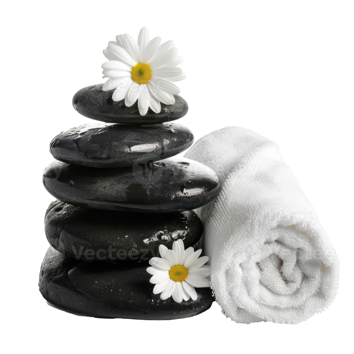 a stack of black stones with white flowers on top