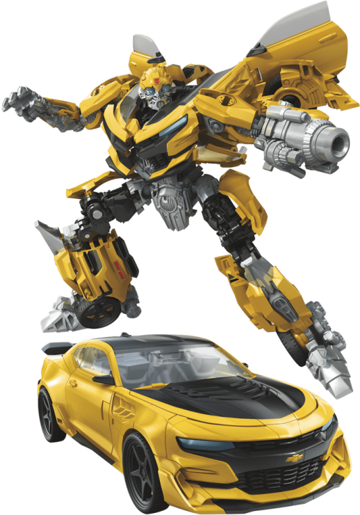 a yellow toy car next to a transformer