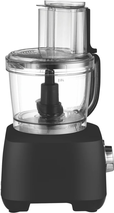 a black food processor on a white background