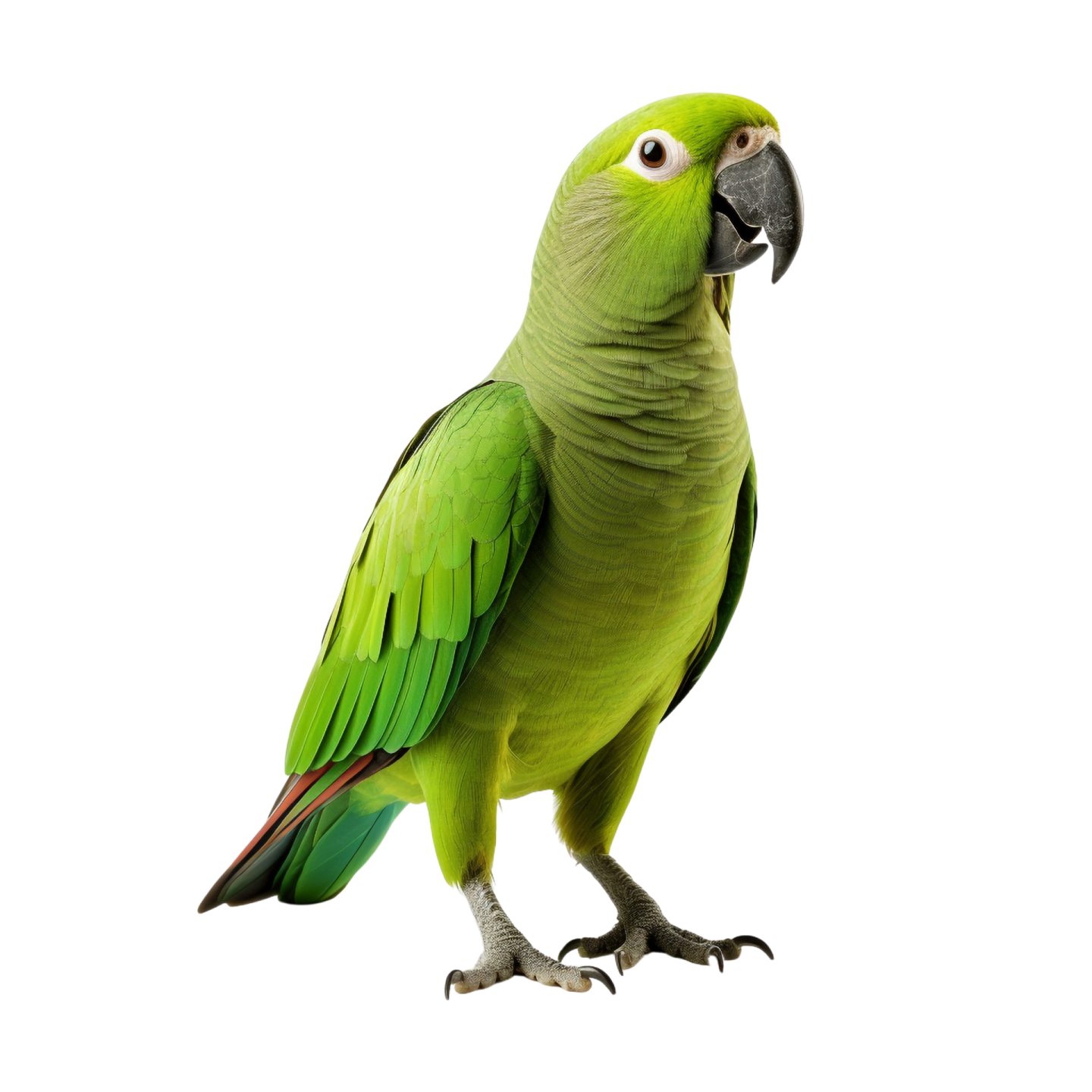a green parrot standing on top of a white surface