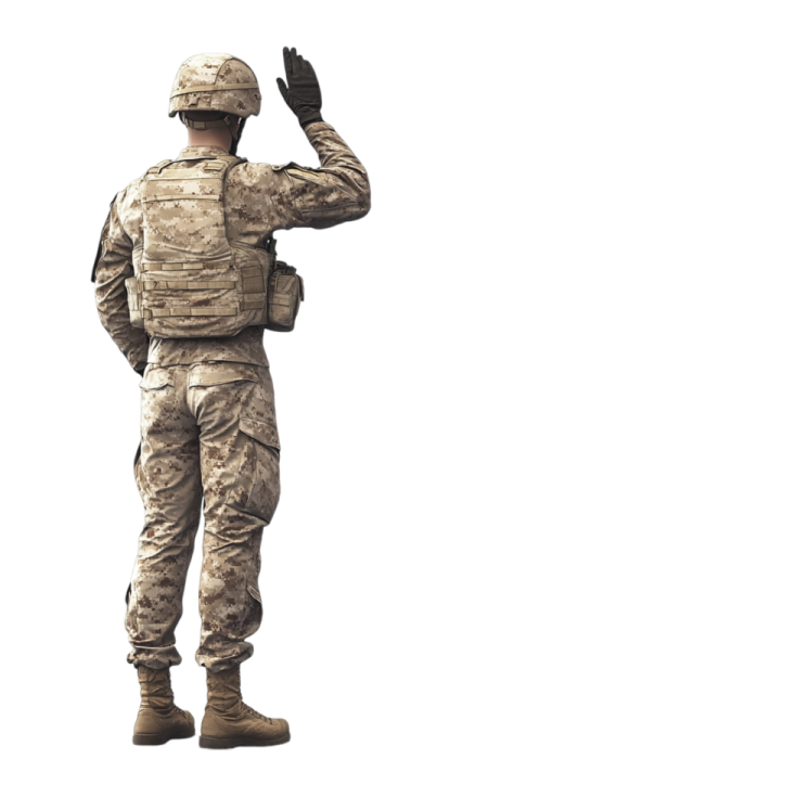 a soldier salutes in front of a white background