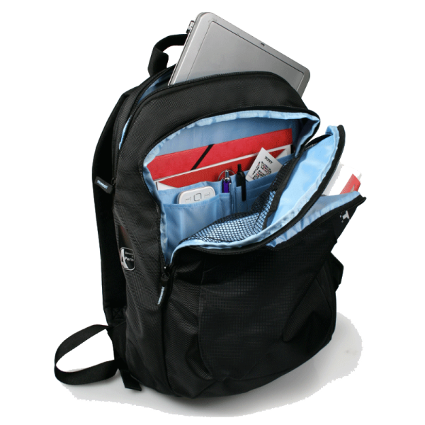 a black backpack with a laptop in it