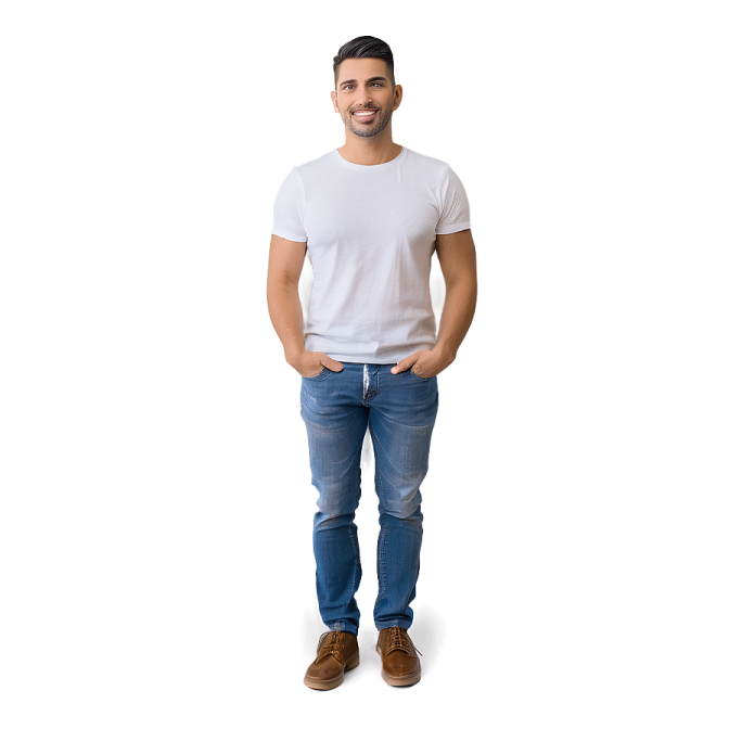 a man wearing a white t - shirt and jeans
