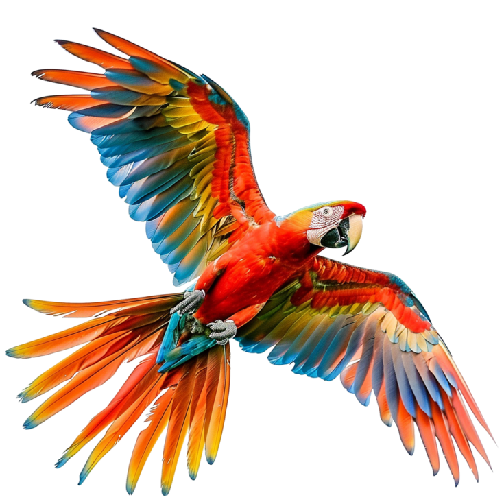 a parrot flying in the air with its wings spread