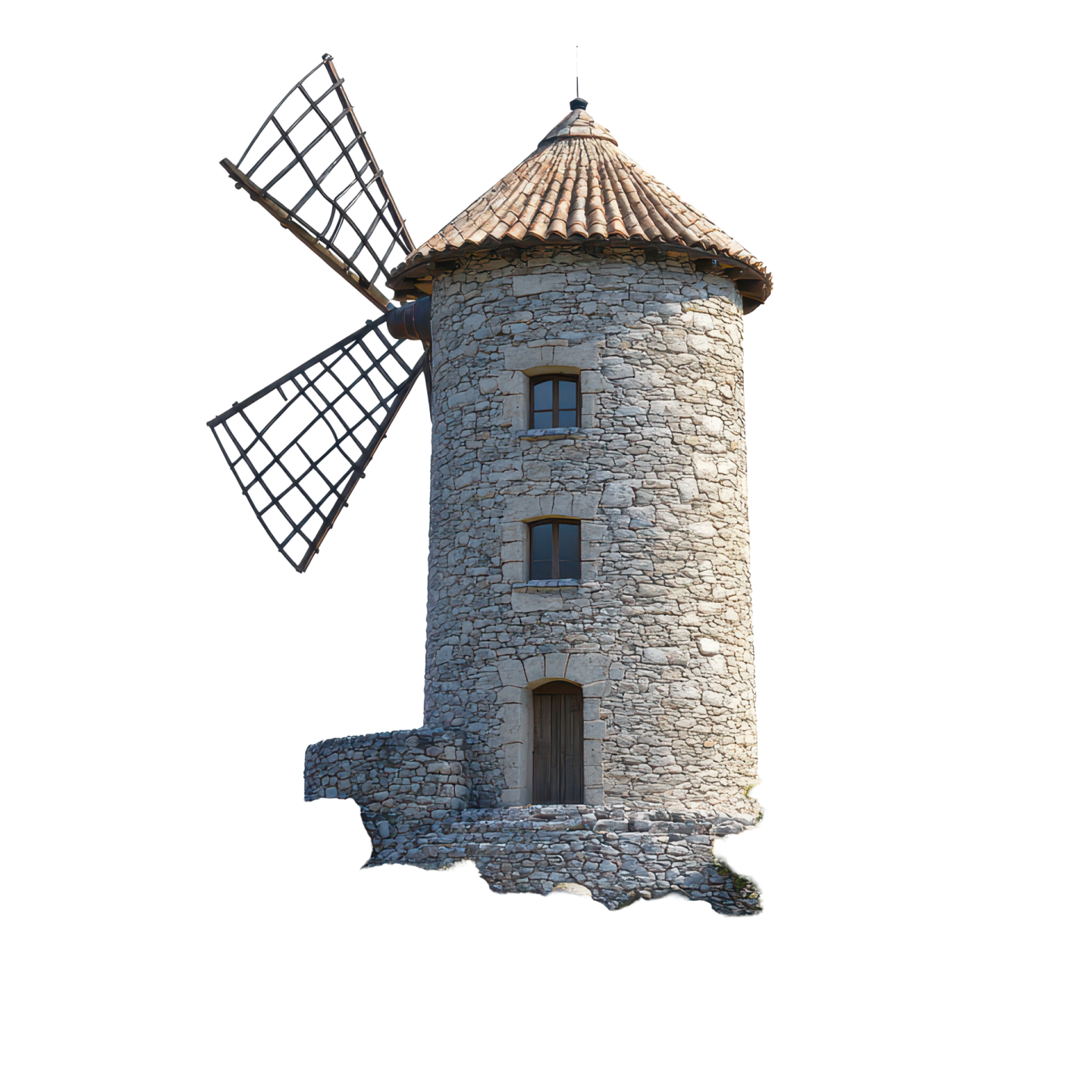 an old stone windmill on a white background