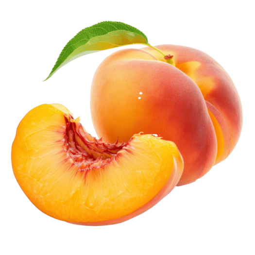 two peaches with a green leaf on top