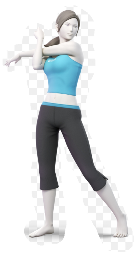 a woman in a blue tank top and black capris