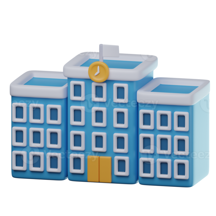 a blue and white building with a gold key
