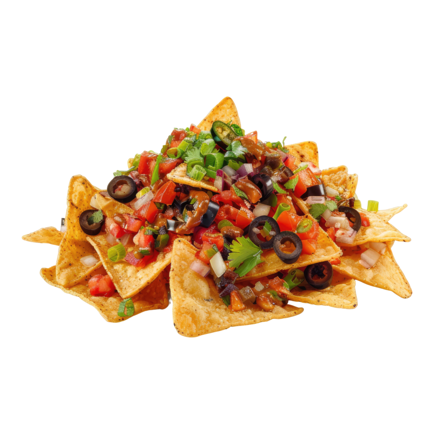 a pile of torta chips with black beans, tomatoes and onions