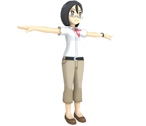 a woman in a white shirt and brown pants
