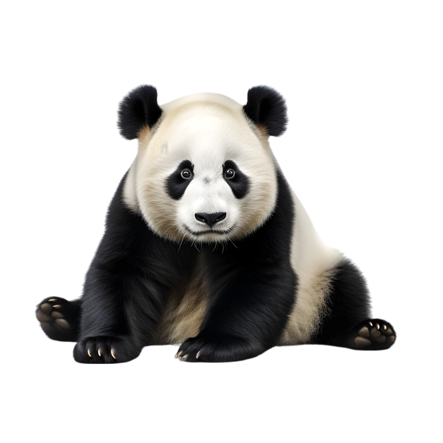 a panda bear sitting down and looking at the camera