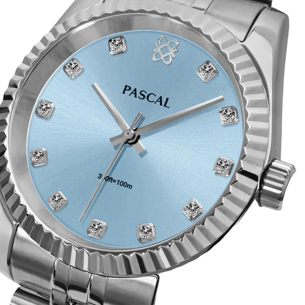 a silver watch with blue dial and diamonds