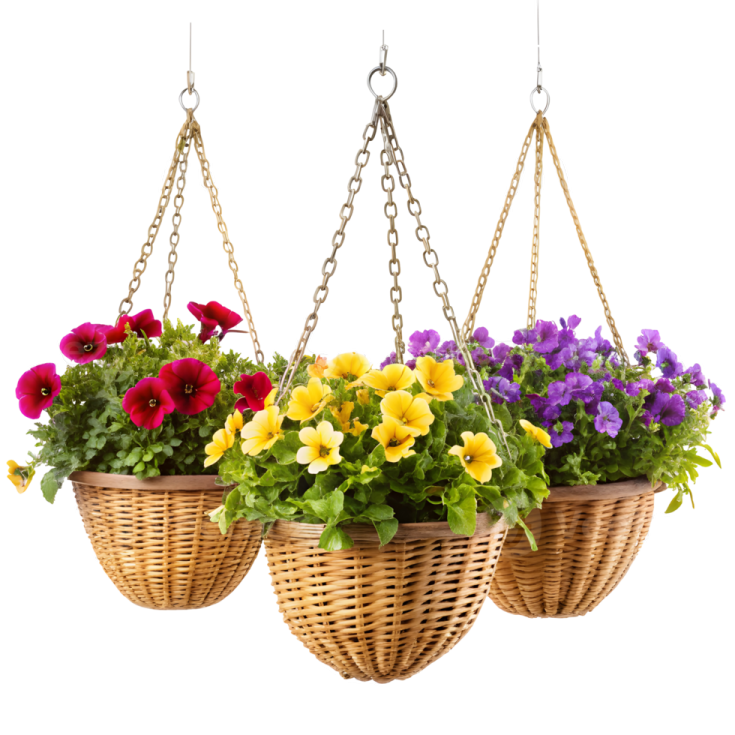 three hanging baskets filled with flowers