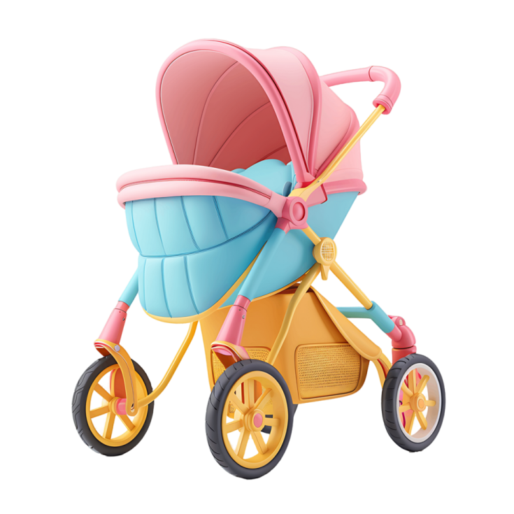 a pink and blue stroller with yellow wheels