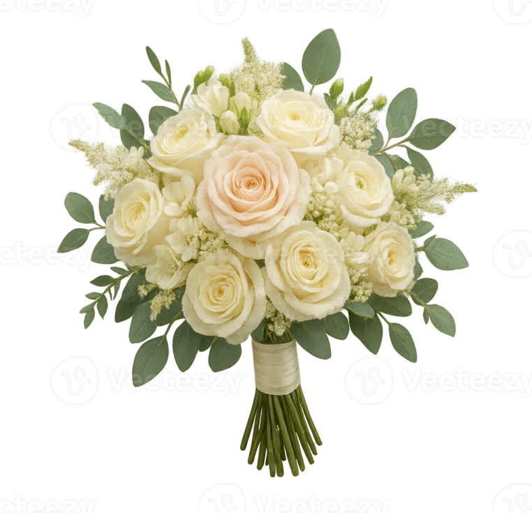 a bouquet of white roses and green leaves