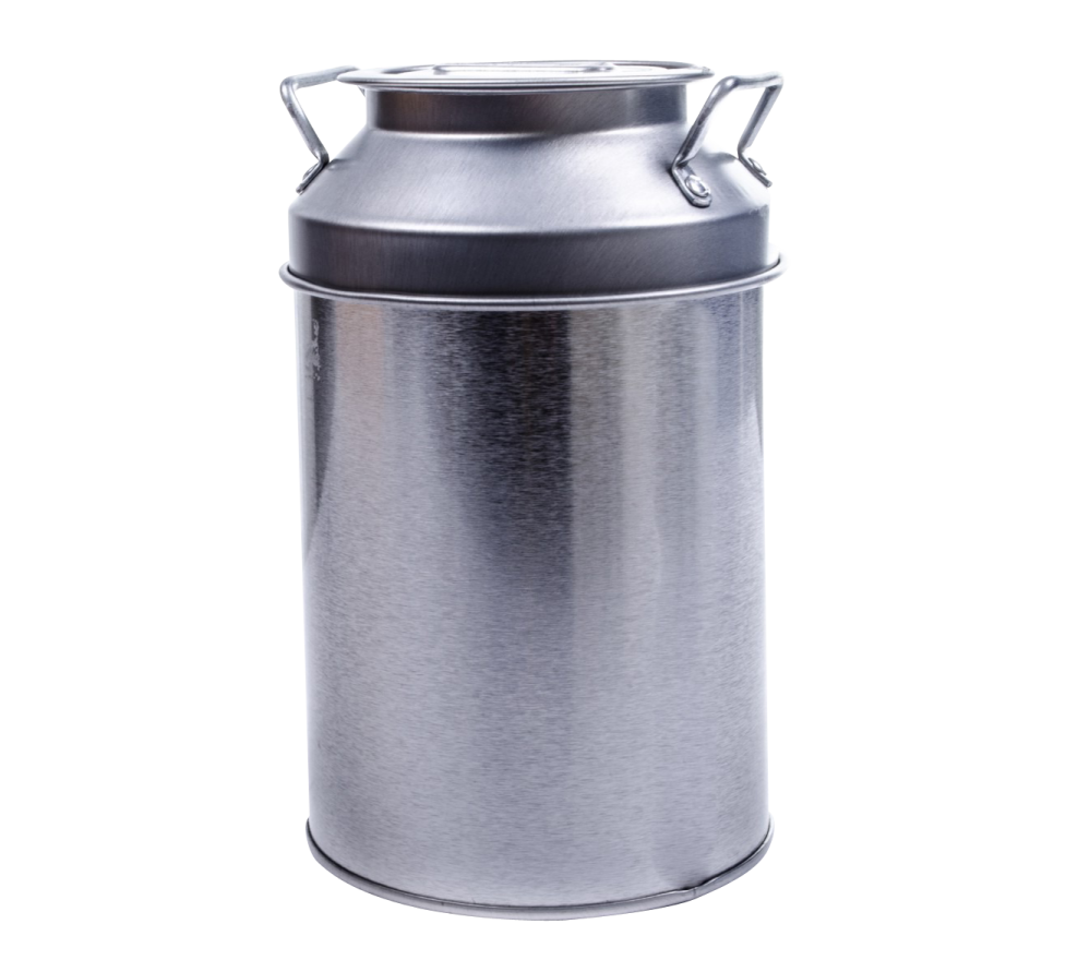 a stainless canister on a white background