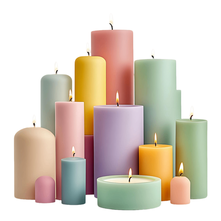 a pile of different colored candles