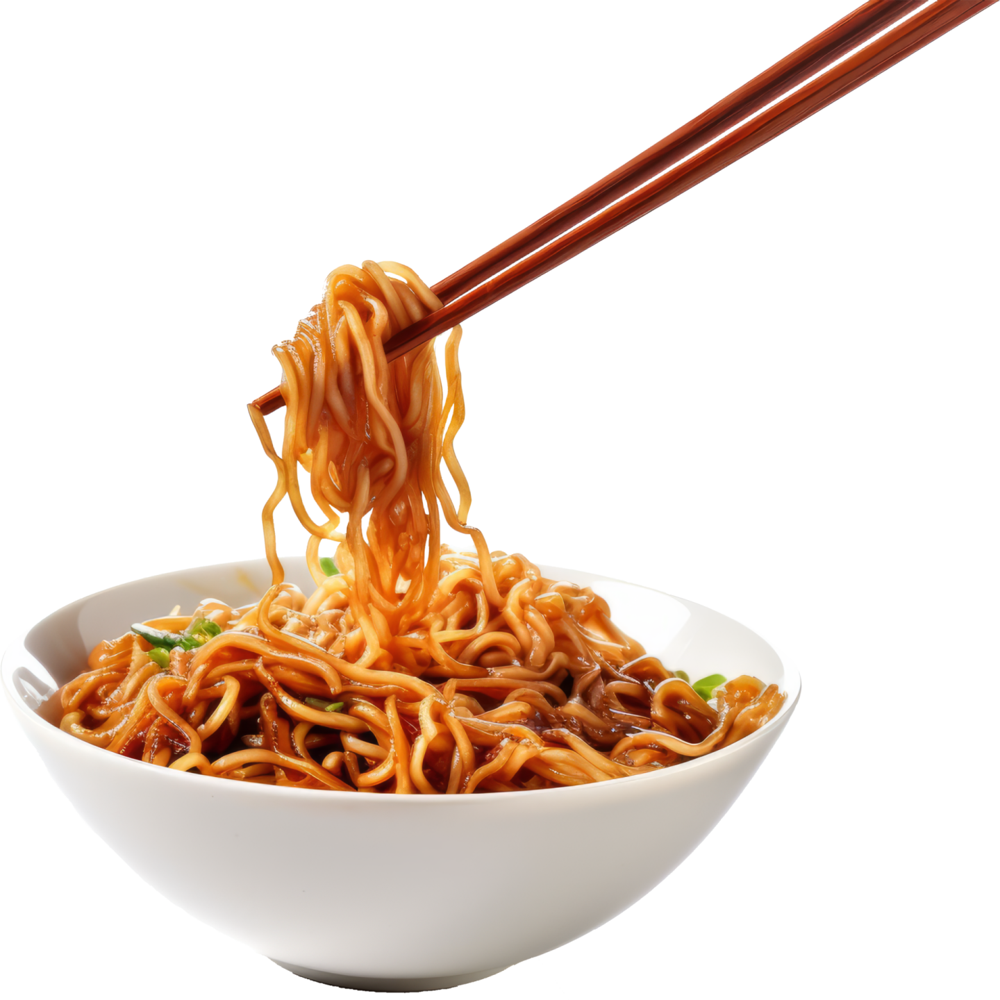 a bowl of noodles with chops in it