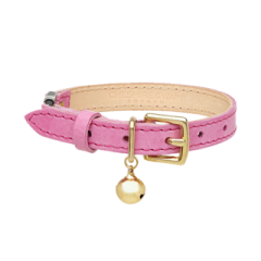 a pink leather dog collar with a gold bell charm