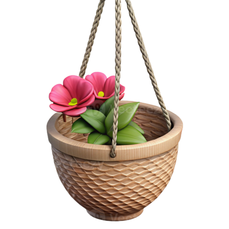 a wooden hanging planter with pink flowers in it