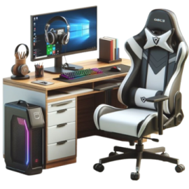 a computer desk with a chair and monitor
