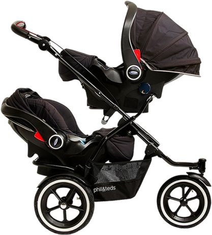 a black stroller with a baby in it