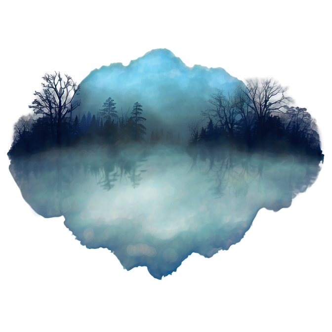 a watercolor painting of trees in the fog