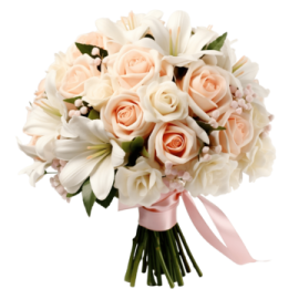 a bouquet of pink roses and white lilies