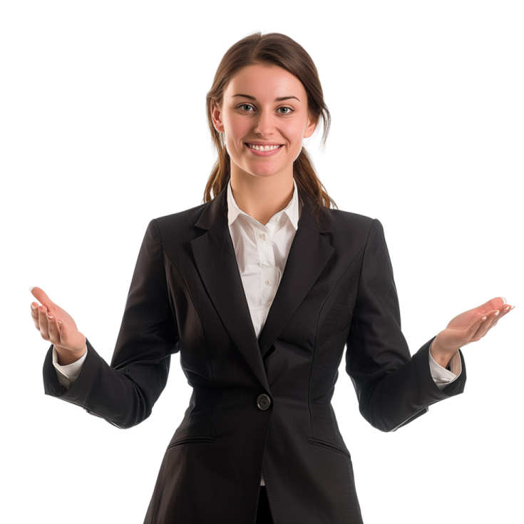a woman in a business suit with her hands out