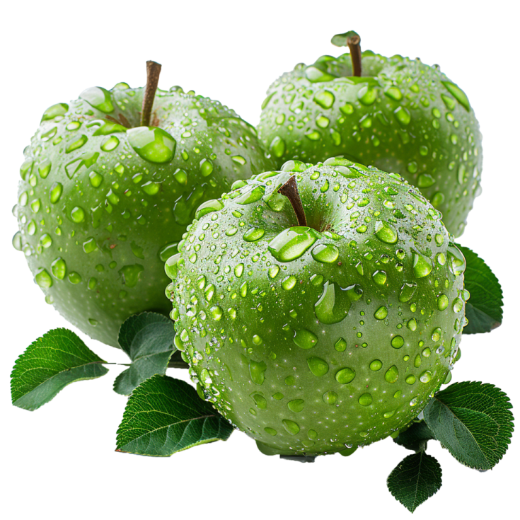 three green apples with water drops on them