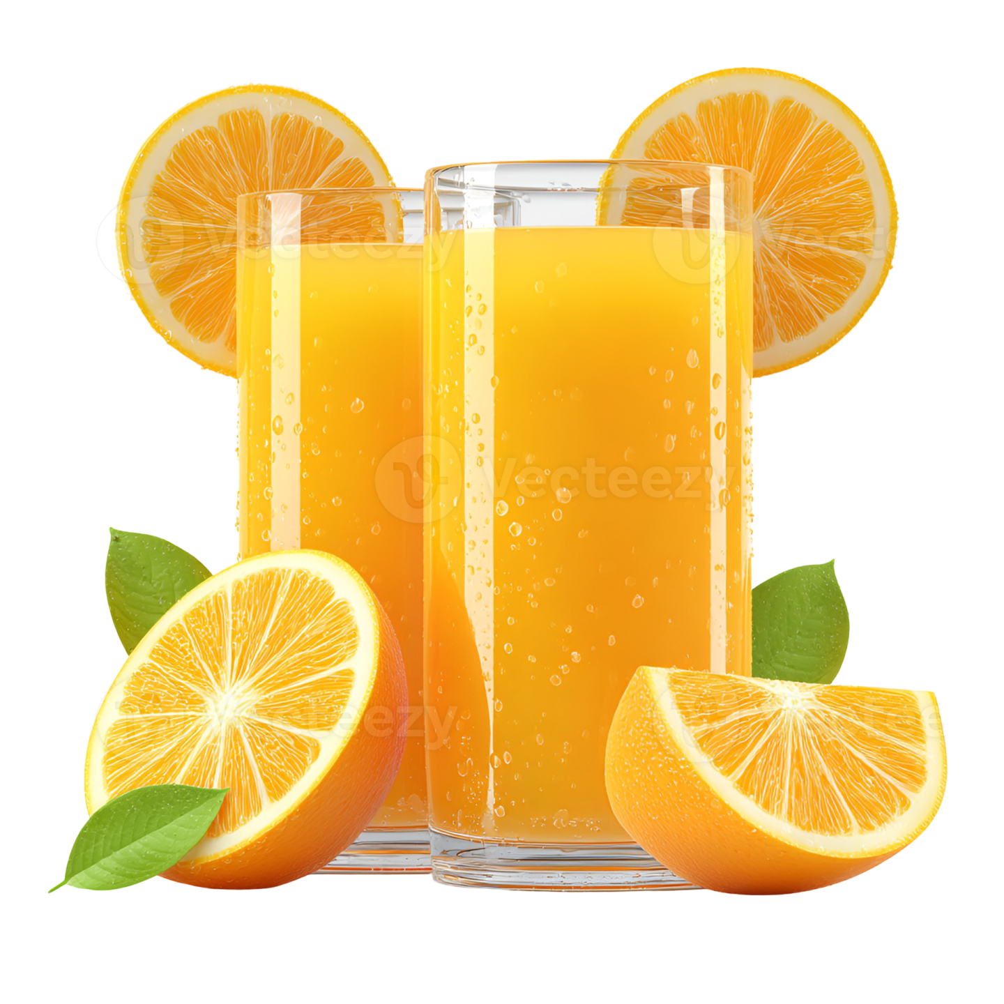 two glasses of orange juice with slices and leaves