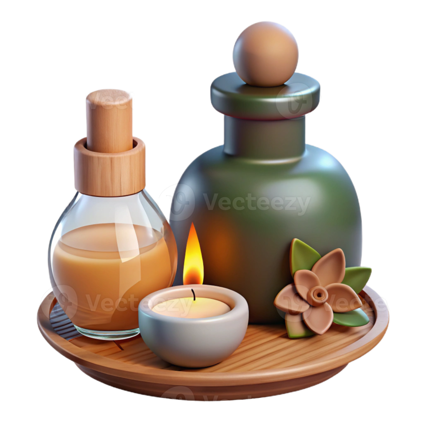 a bottle of oil and a candle on a wooden tray