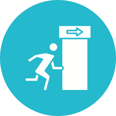 a blue circle with a white icon of a person climbing up the stairs