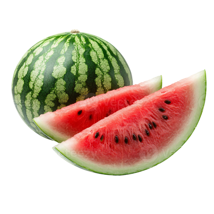 two slices of watermelon with one slice cut in half