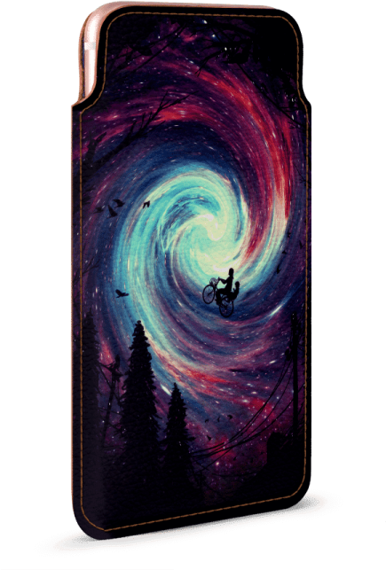 a phone case with a painting of a man riding a bike in the night sky