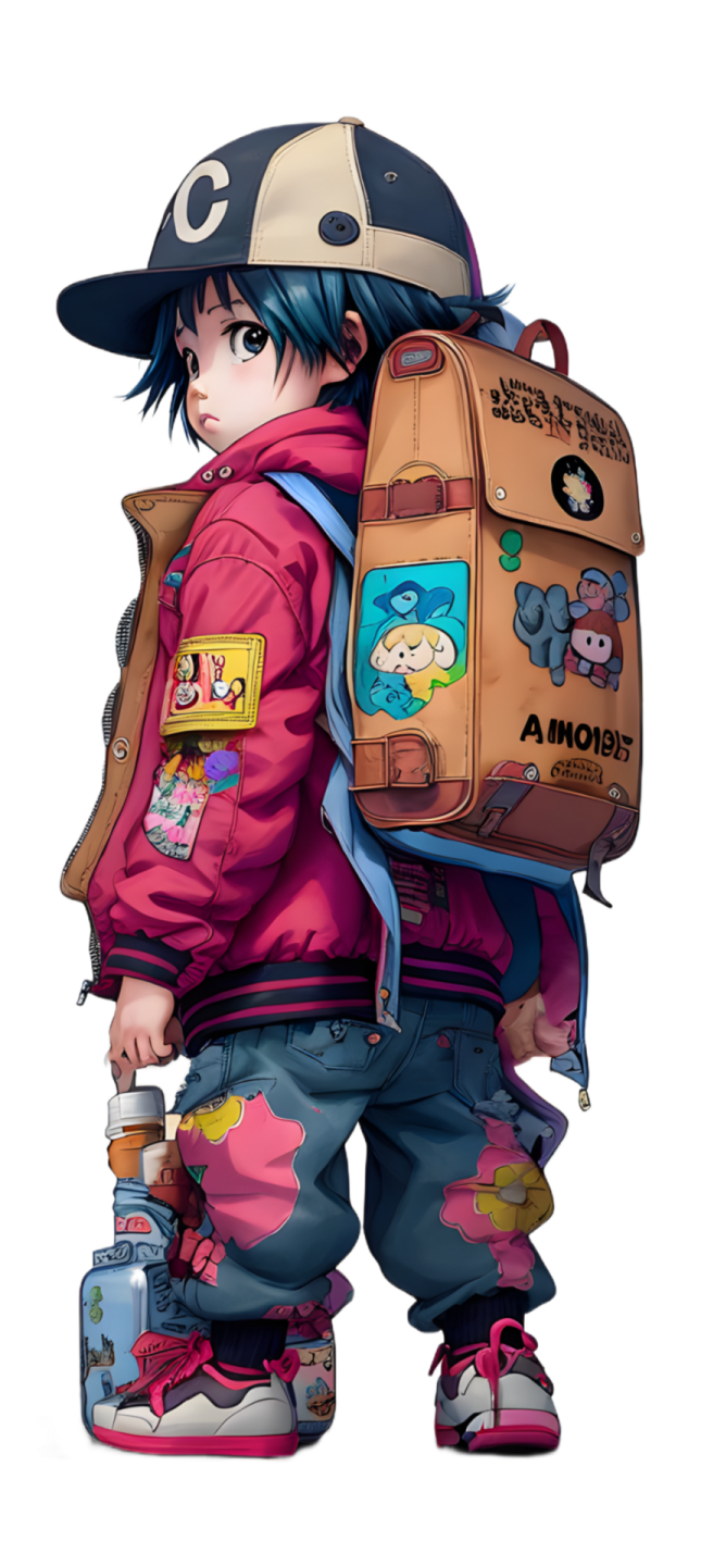 an anime character with a backpack on his back