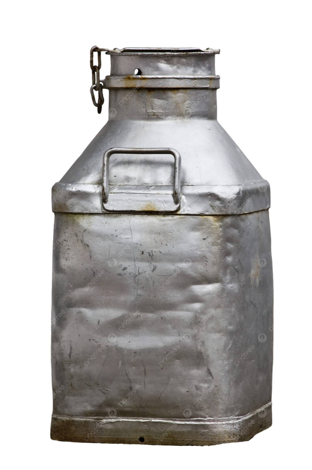 an old metal milk can on a white background