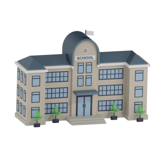 a school building with trees on the front