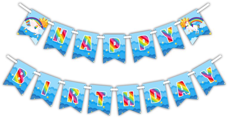 a happy birthday banner with rainbows and stars