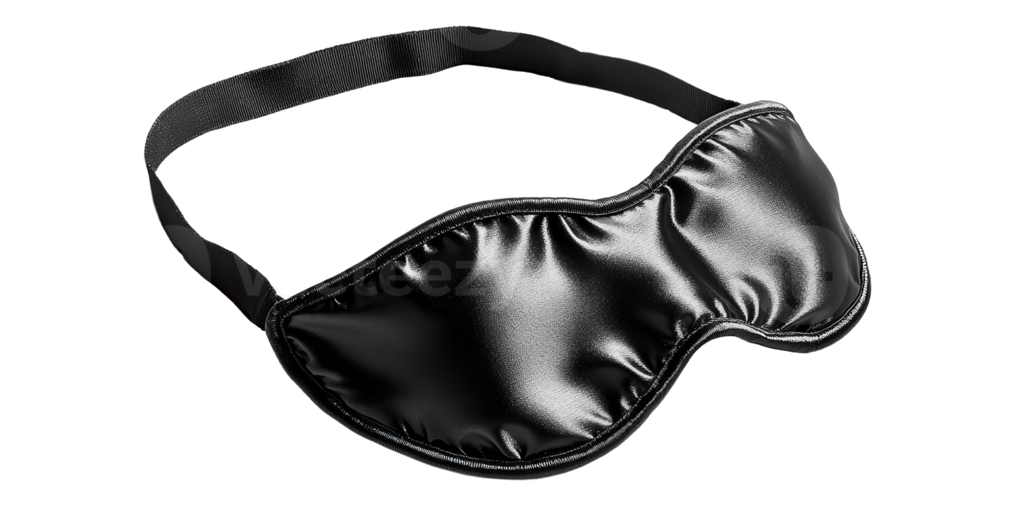 a black leather sleep mask on a white background