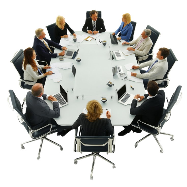 a group of people sitting around a round table