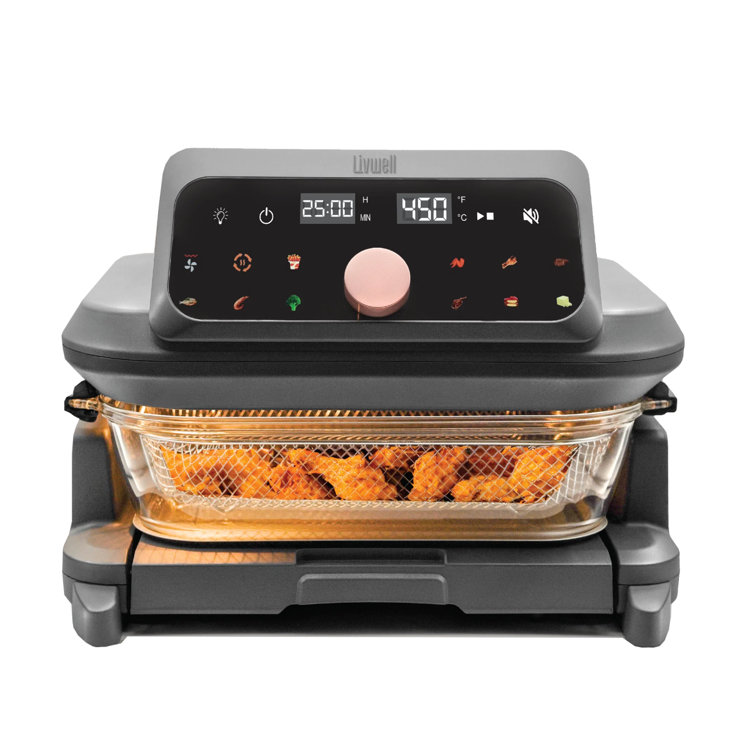 an air fryer with a basket of food inside