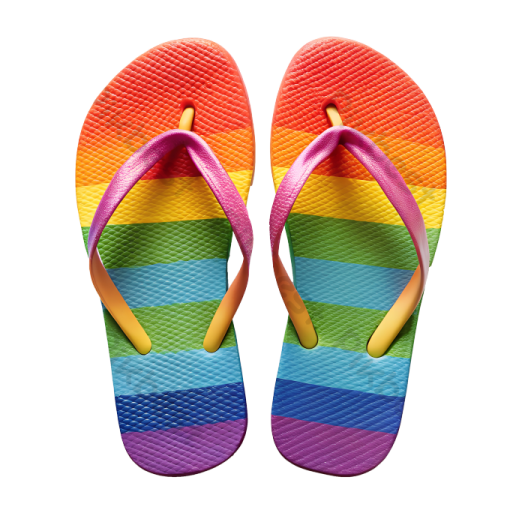 a pair of rainbow colored flip flops