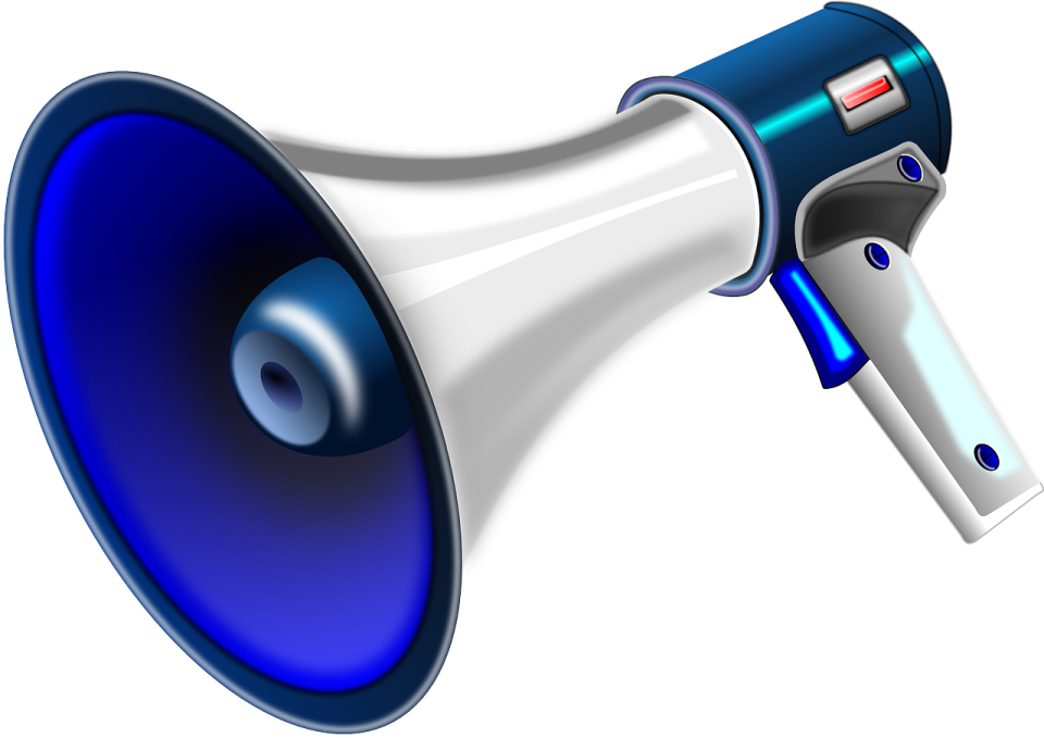 a blue and white megaphone on a white background