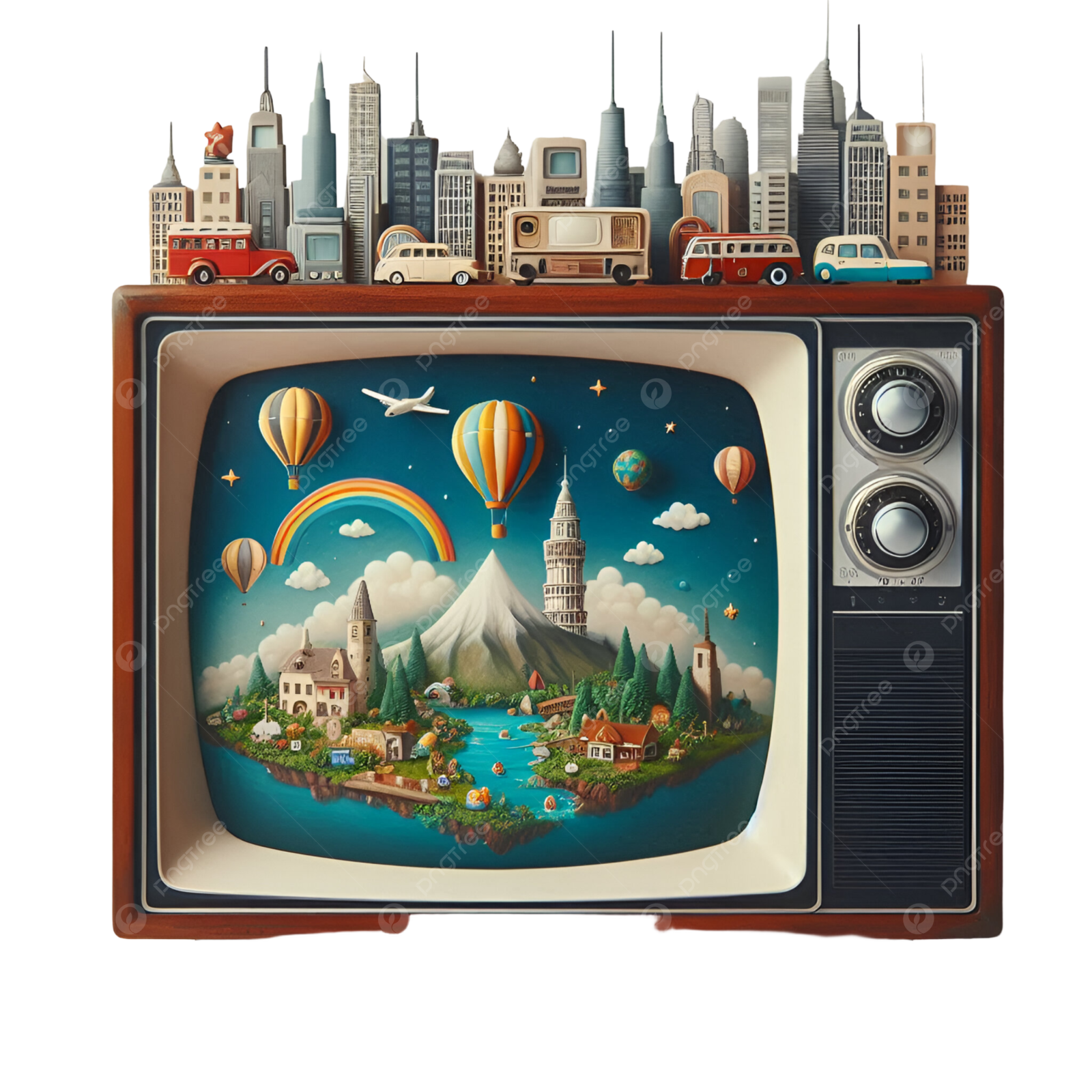 an old television set with a city in the background