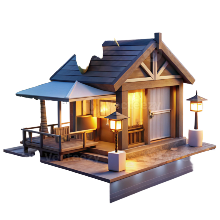 a small house with palm trees in the background
