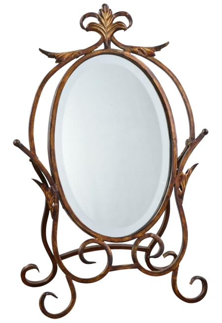 a wooden mirror on a stand with an ornate design