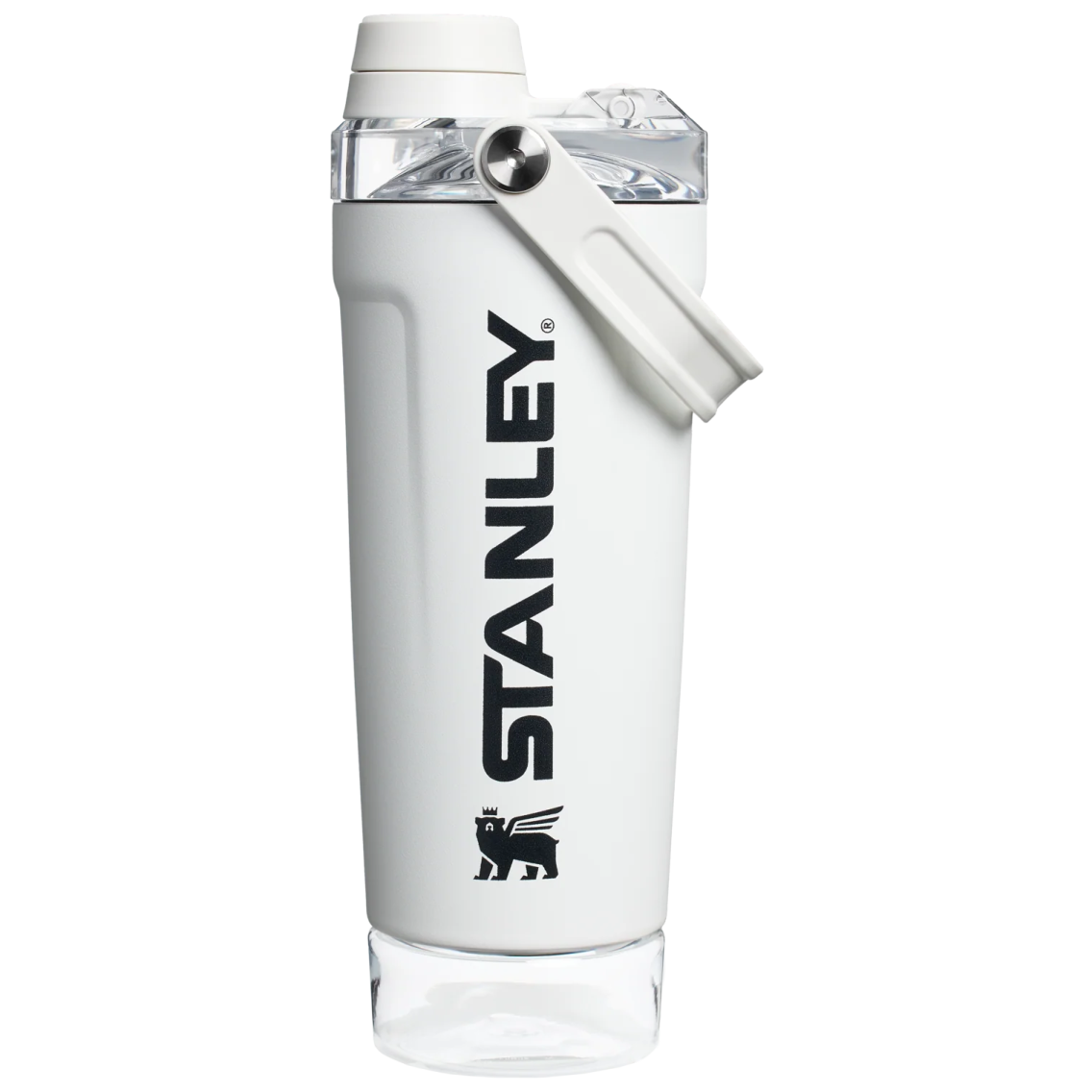 a white water bottle with the word stanley on it