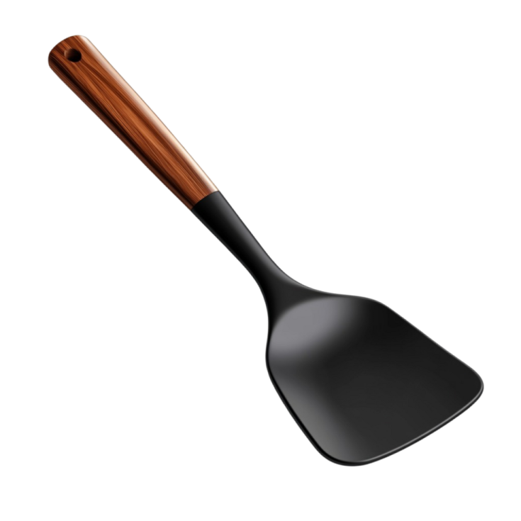 a black and wood spat with a wooden handle